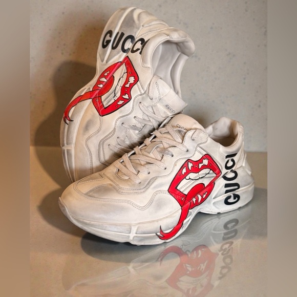 Gucci Shoes - Gucci Rhyton Lips mouth Print Chunky Sneakers White Leather Men’s 7 Women’s 9